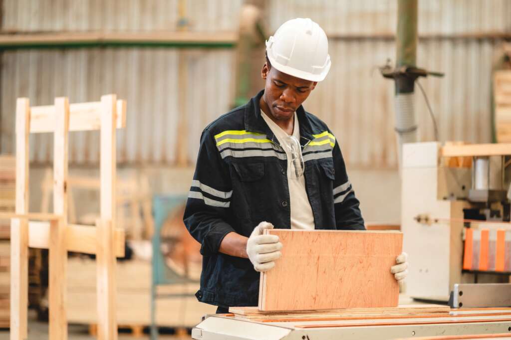carpenter wooden plank factory, furniture workshop at wood work industry manufacturing warehouse