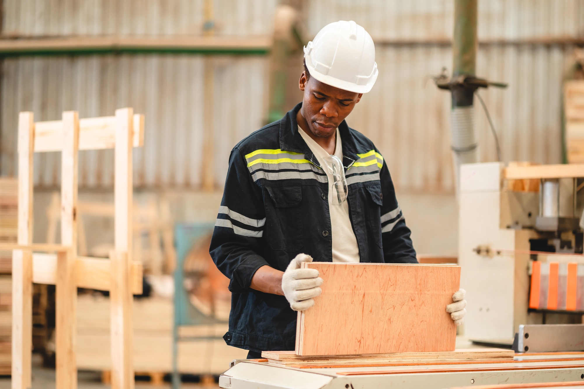 carpenter wooden plank factory, furniture workshop at wood work industry manufacturing warehouse
